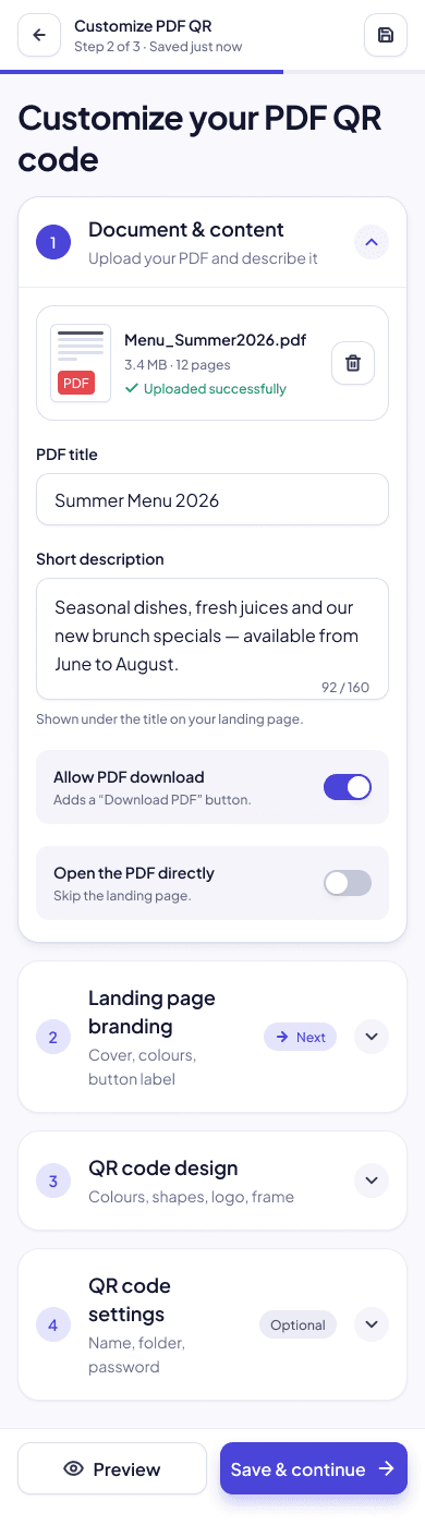 QR generator step 2 editor on mobile
